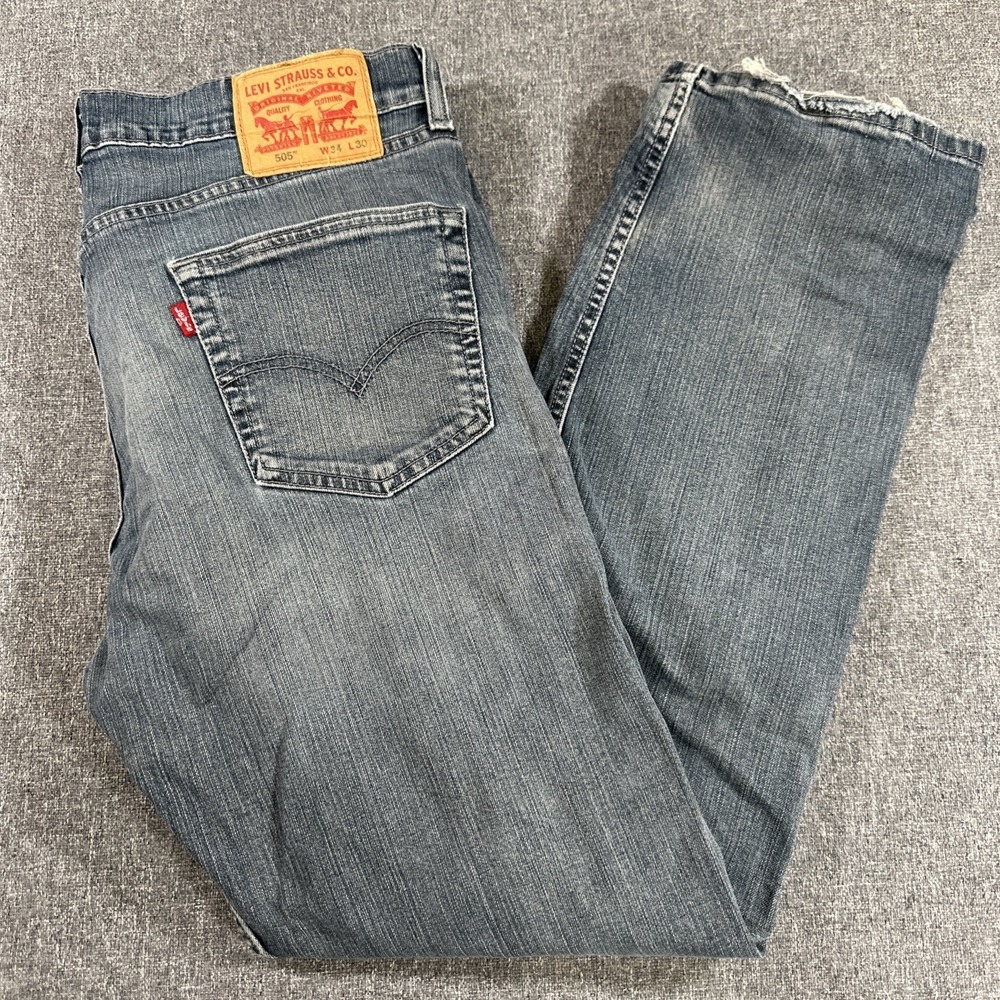 Levis 505 Mens 34x30 Blue Jeans Straight Leg‎ Distressed Denim Pants